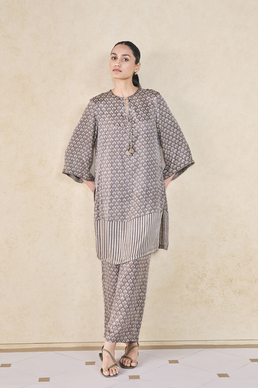 Bay Handcrafted Ajrakh Silk Co-ord - Grey, Grey, image 1